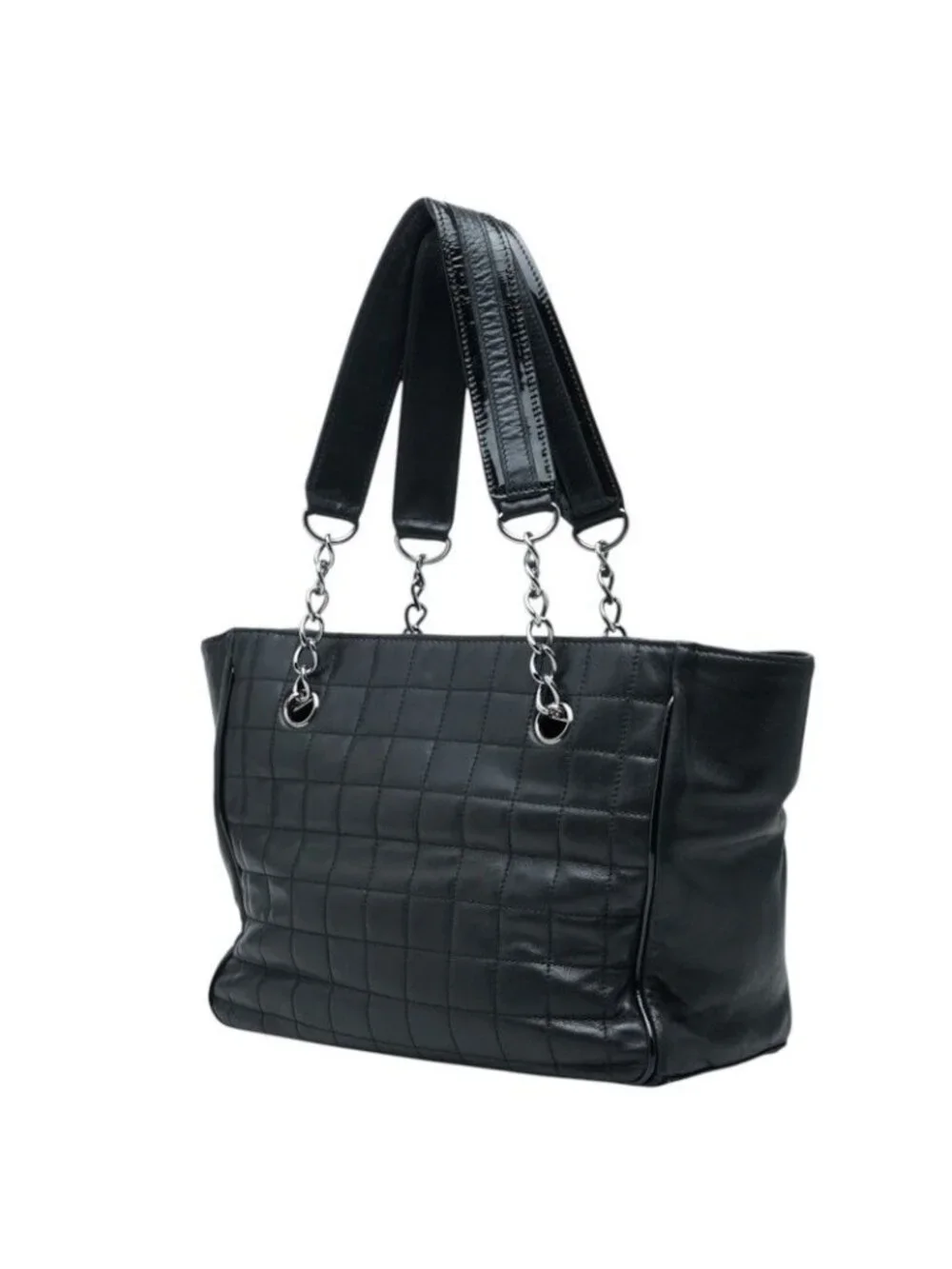 Chanel CC Logo Camellia Choco Bar Chain Tote Black Lambskin Patent